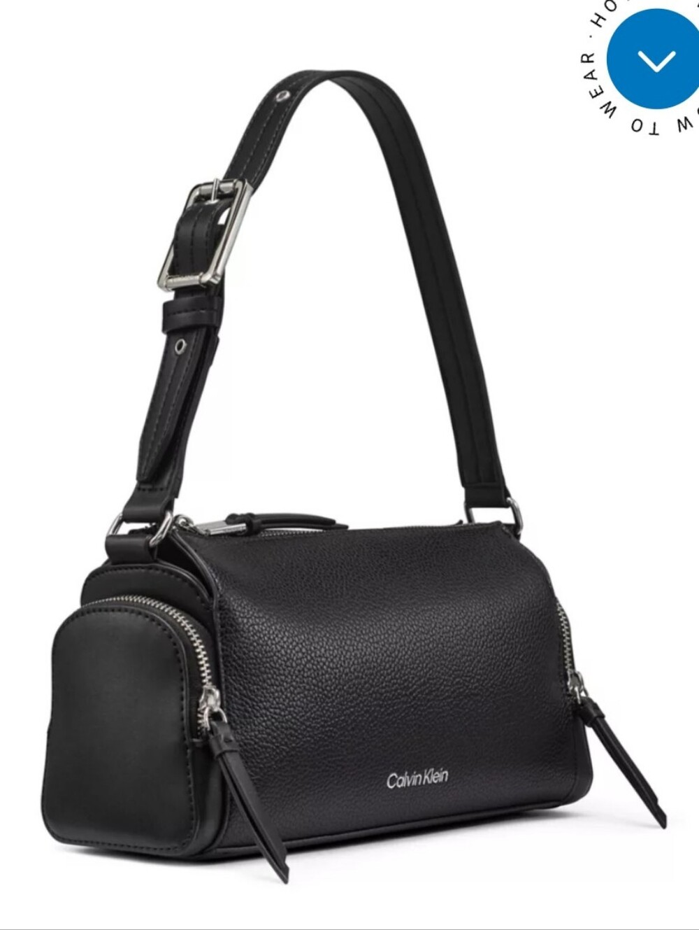 Calvin Klein Camryn Shoulder Barrel Bag,  Black Pebbled Faux Leather